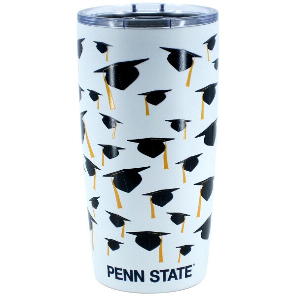 white 20oz tumbler with Penn State and grad caps & tassels